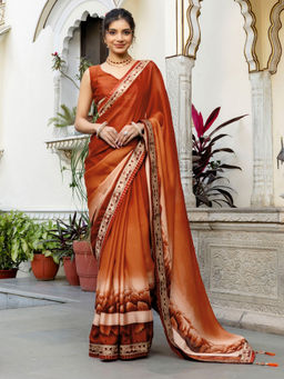 SATRANI - Rust Chiffon Printed Glitters Lace Tassels Saree with Unstitched Blouse