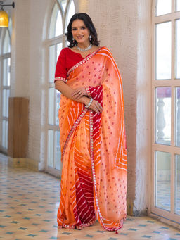 SATRANI - Orange Georgette Printed Glitters Lace Tassels Saree with Unstitched Blouse
