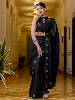 SATRANI - Black Silk Lace Tassels Saree with Unstitched Blouse