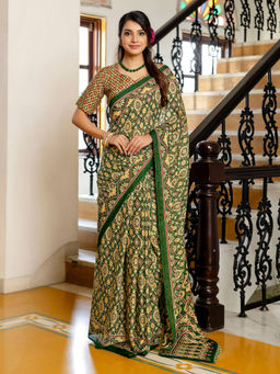 SATRANI - Dark Green Cotton Printed Saree with Unstitched Blouse
