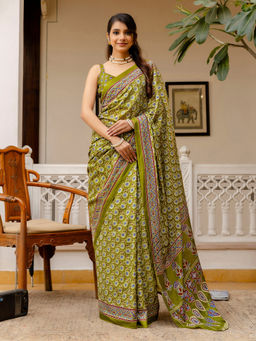 SATRANI - Light Olive Green Cotton Printed Saree with Unstitched Blouse