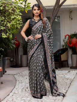SATRANI - Black Cotton Printed Saree with Unstitched Blouse