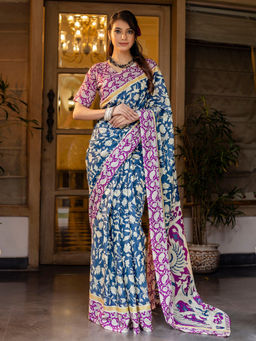 SATRANI - Light Blue Cotton Printed Saree with Unstitched Blouse