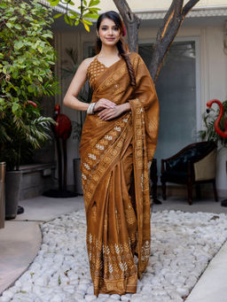 SATRANI - Brown Cotton Printed Saree with Unstitched Blouse