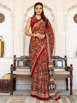 SATRANI - Maroon Cotton Printed Saree with Unstitched Blouse