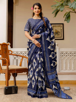 SATRANI - Navy Blue Cotton Printed Saree with Unstitched Blouse