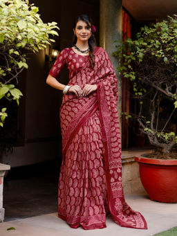 SATRANI - Red Cotton Printed Saree with Unstitched Blouse