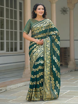 SATRANI - Dark Green Georgette Foil Printed Gota Lace Saree with Unstitched Blouse