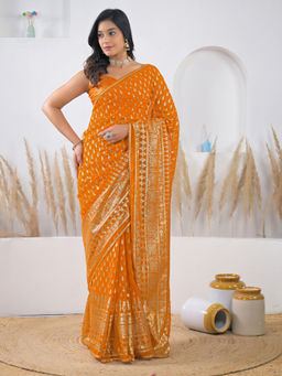 SATRANI - Orange Georgette Foil Printed Gota Lace Saree with Unstitched Blouse