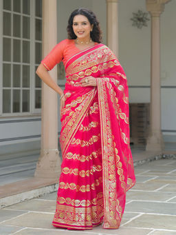 SATRANI - Bright Pink Georgette Foil Printed Gota Lace Saree with Unstitched Blouse