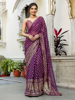 SATRANI - Dark Purple Georgette Foil Printed Gota Lace Saree with Unstitched Blouse