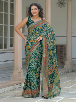 SATRANI - Dark Green Georgette Bandhani Printed Lace Saree with Unstitched Blouse
