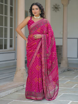 SATRANI - Pink Georgette Bandhani Printed Lace Saree with Unstitched Blouse
