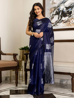SATRANI - Navy Blue Silk Weaving Saree with Unstitched Blouse