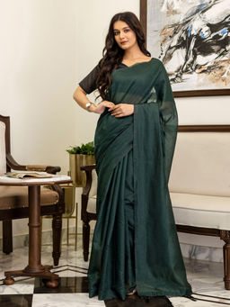 SATRANI - Dark Green Chanderi Cotton Tassels Saree with Unstitched Blouse