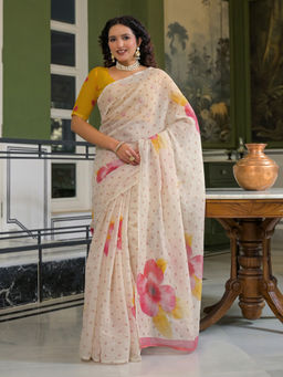 SATRANI - Cream Linen Polka Dot Print Floral Print Saree with Unstitched Blouse