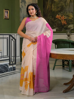 SATRANI - Off-White Linen Printed Saree with Unstitched Blouse
