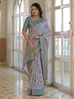 SATRANI - Grey Silk Printed Weaving Border Saree with Unstitched Blouse