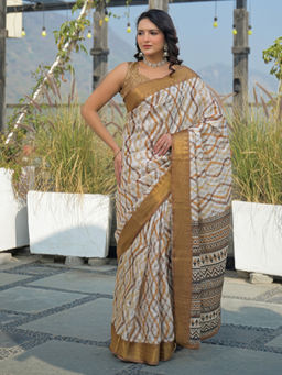 SATRANI - Off-White Silk Printed Weaving Border Saree with Unstitched Blouse