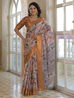 SATRANI - Peach Silk Printed Weaving Border Saree with Unstitched Blouse