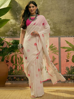 SATRANI - White Linen Printed Saree with Unstitched Blouse