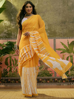 SATRANI - Yellow Linen Printed Saree with Unstitched Blouse