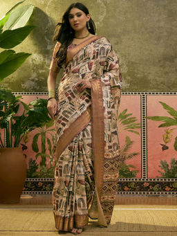 SATRANI - Beige Silk Printed Weaving Border Saree with Unstitched Blouse