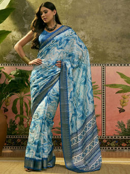 SATRANI - Sky Blue Silk Printed Weaving Border Saree with Unstitched Blouse