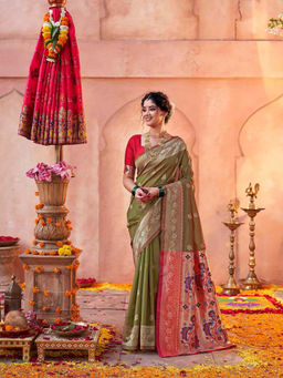 SATRANI - Olive Green Silk Weaving (Dual Tone) Paithani Saree with Unstitched Blouse