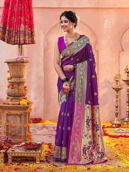 SATRANI - Dark Purple Silk Weaving Paithani Saree with Unstitched Blouse