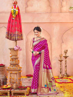 SATRANI - Dark Pink Silk Weaving Paithani Saree with Unstitched Blouse