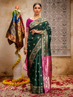 SATRANI - Dark Green Silk Weaving Paithani Saree with Unstitched Blouse