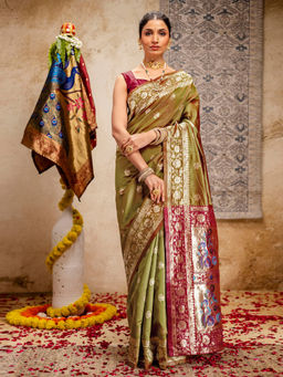 SATRANI - Olive Green Silk Weaving (Dual Tone) Paithani Saree with Unstitched Blouse