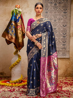 SATRANI - Navy Blue Silk Weaving Paithani Saree with Unstitched Blouse
