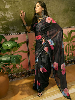 SATRANI - Black Georgette Floral Printed Stone Work Saree with Unstitched Blouse