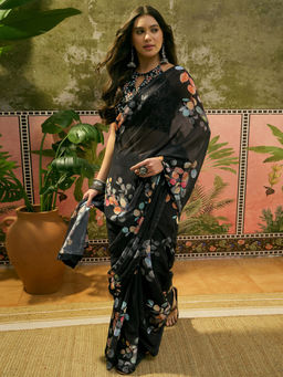SATRANI - Black Georgette Printed Stone Work Saree with Unstitched Blouse