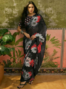 SATRANI - Black Georgette Floral Printed Stone Work Saree with Unstitched Blouse