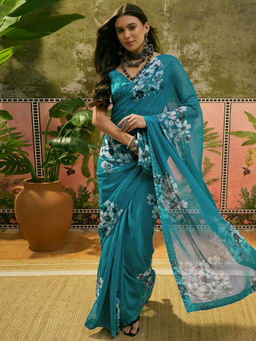 SATRANI - Teal Georgette Floral Printed Stone Work Saree with Unstitched Blouse