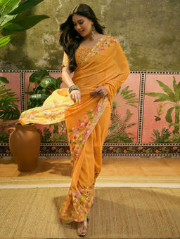 SATRANI - Yellow Georgette Floral Printed Stone Work Saree with Unstitched Blouse
