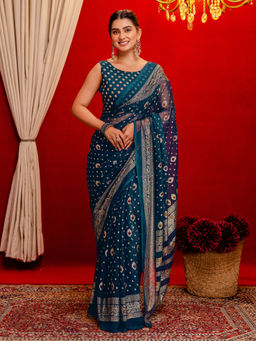 SATRANI - Rama Blue Georgette Foil Printed Saree with Unstitched Blouse