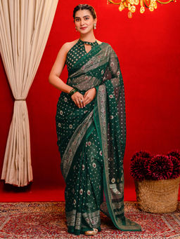 SATRANI - Dark Green Georgette Foil Printed Saree with Unstitched Blouse