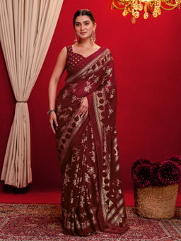 SATRANI - Maroon Georgette Foil Printed Saree with Unstitched Blouse