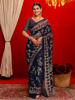 SATRANI - Navy Blue Georgette Foil Printed Saree with Unstitched Blouse