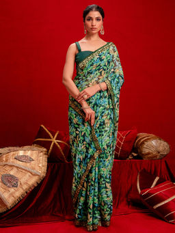 SATRANI - Dark Green Chiffon Printed Lace Tassels Saree with Unstitched Blouse