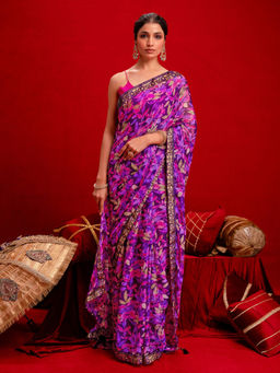 SATRANI - Dark Purple Chiffon Printed Lace Tassels Saree with Unstitched Blouse