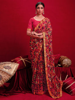 SATRANI - Red Chiffon Printed Lace Tassels Saree with Unstitched Blouse