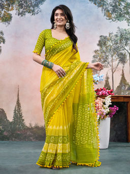 SATRANI - Yellow Chanderi Printed Zari Border Lace Saree with Unstitched Blouse