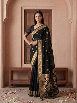 SATRANI - Black Georgette Foil Printed Gota Lace Tassels Saree with Unstitched Blouse