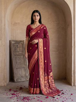 SATRANI - Maroon Georgette Foil Printed Gota Lace Tassels Saree with Unstitched Blouse