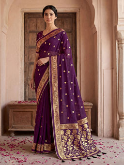 SATRANI - Purple Georgette Foil Printed Gota Lace Tassels Saree with Unstitched Blouse